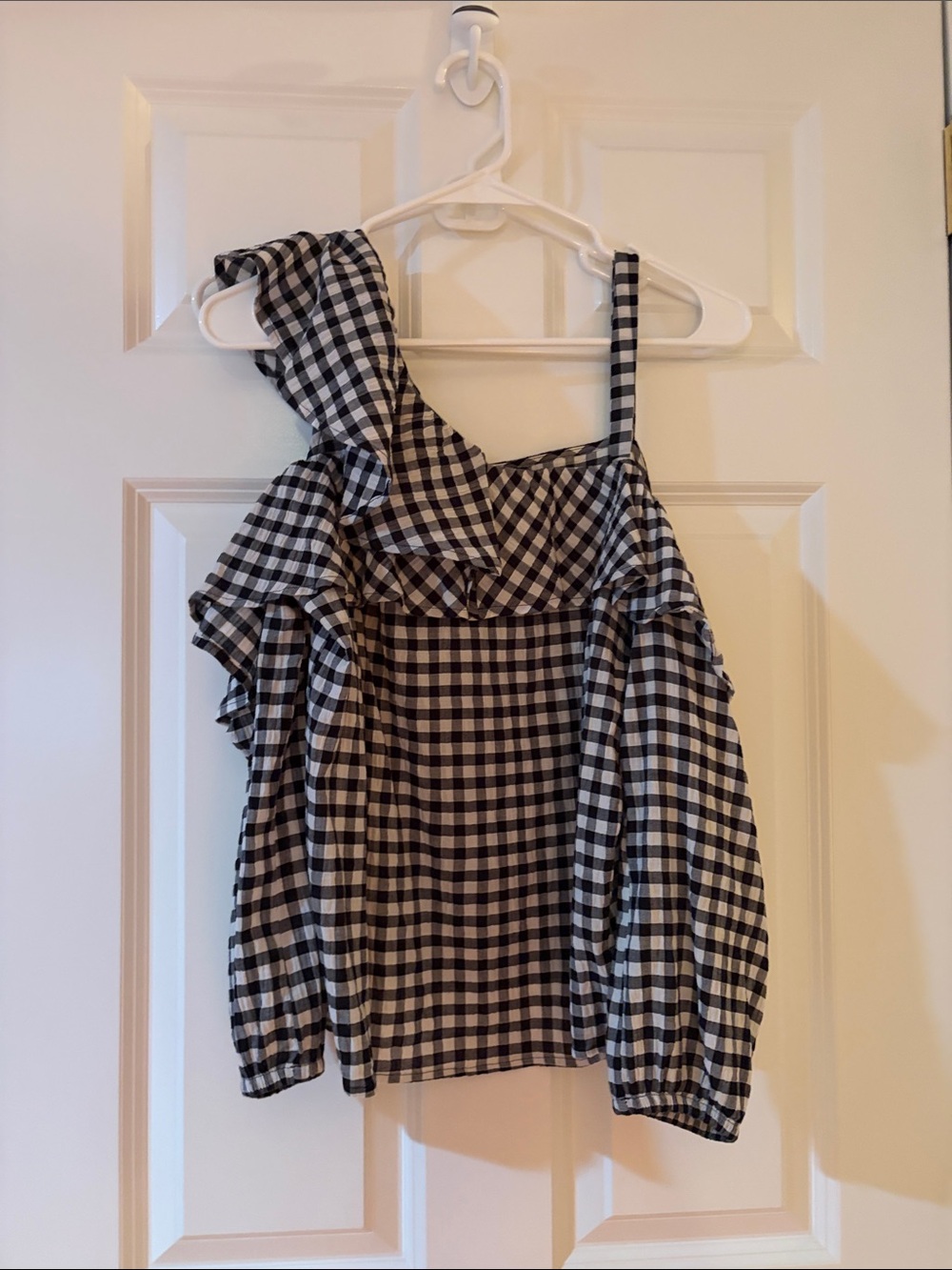 Express Black and White Gingham One-Shoulder Ruffle Top